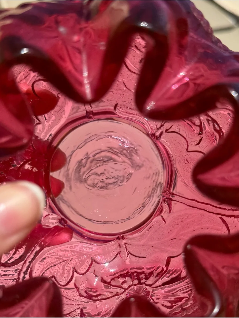 Fenton 1970s Cranberry Rose Poppy Embossed Flowers Crimped Top Rose Bowl Vase